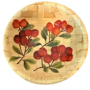 Vintage 6" Bamboo Woven Handpainted Round Bowl with Raspberries